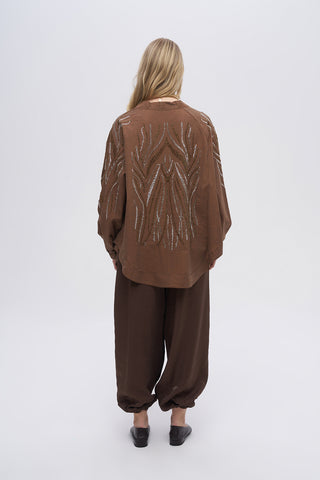 Kadın Sırtı ve Kolu Dikey Dalgalı Boncuk İşlemeli Oversize Kimono