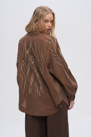 Kadın Sırtı ve Kolu Dikey Dalgalı Boncuk İşlemeli Oversize Kimono