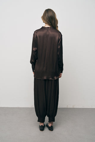 Kahverengi Saten Kruvaze Bağlama Detaylı Uzun Kollu Gömlek