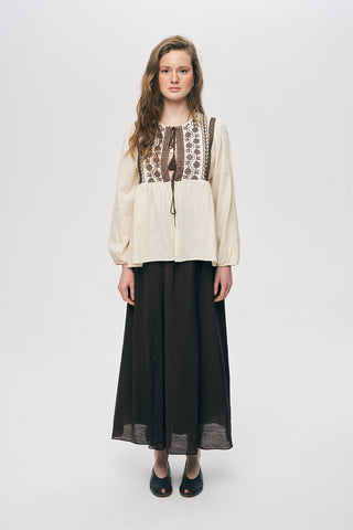 Kadın Etnik Nakışlı ve Püskül Detaylı %100 Pamuk Natur Bluz