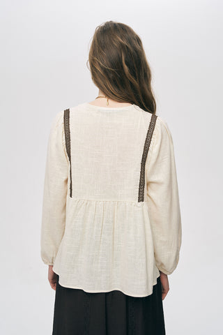 Kadın Etnik Nakışlı ve Püskül Detaylı %100 Pamuk Natur Bluz