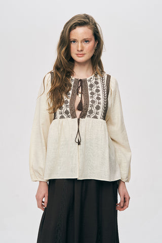 Kadın Etnik Nakışlı ve Püskül Detaylı %100 Pamuk Natur Bluz