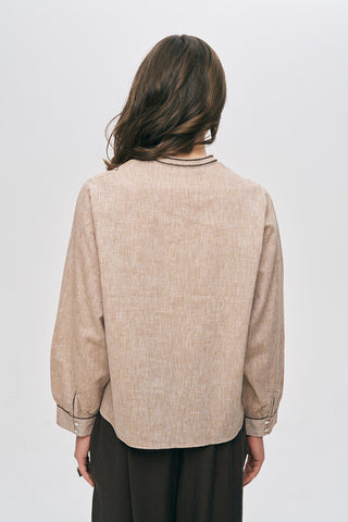 Kadın Geometrik Nakışlı ve Püskül Detaylı Açık Kahverengi Bluz