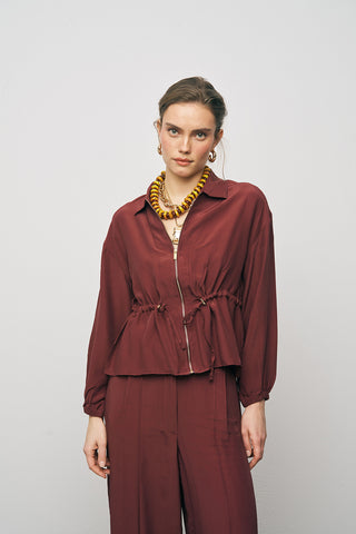 Kadın Modern Beli Bağcıklı Fermuarlı Düz Renk Viskon Ceket