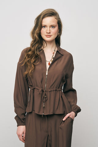 Kadın Modern Beli Bağcıklı Fermuarlı Düz Renk Viskon Ceket