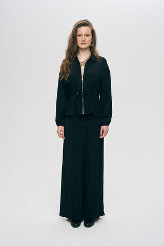 Kadın Modern Beli Bağcıklı Fermuarlı Düz Renk Viskon Ceket