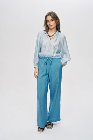 Kadın Belden Lastikli ve Büzgü Detaylı Transparan Bluz