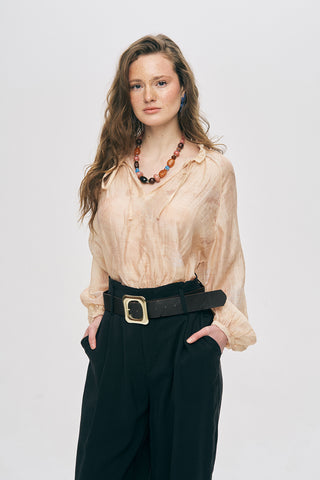 Kadın Desenli Belden Büzgülü Transparan Bluz