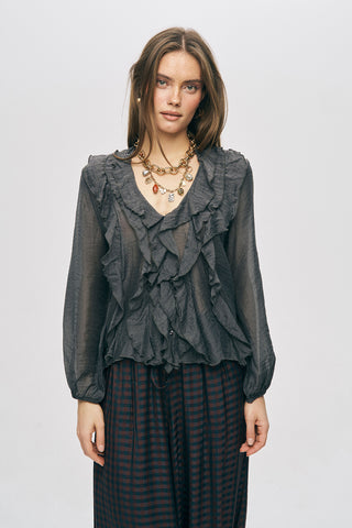 Kadın Pastel Şifon Volan Detaylı İpeksi Gömlek