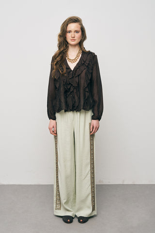 Kadın Pastel Şifon Volan Detaylı İpeksi Gömlek