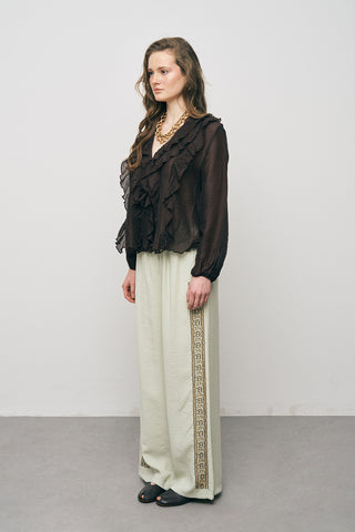 Kadın Pastel Şifon Volan Detaylı İpeksi Gömlek