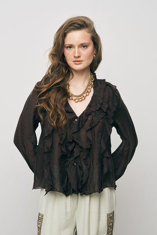 Kadın Pastel Şifon Volan Detaylı İpeksi Gömlek