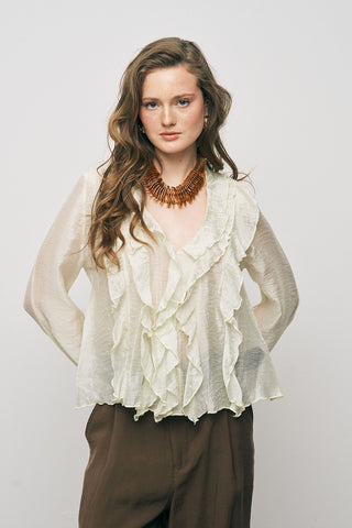 Kadın Pastel Şifon Volan Detaylı İpeksi Gömlek