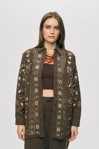 Kadın Zarif Işıltı Payet ve Boncuk İşlemeli Oversize Gömlek