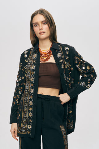 Kadın Zarif Işıltı Payet ve Boncuk İşlemeli Oversize Gömlek