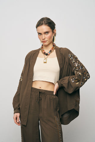 Kadın Zarif Işıltı Sırtı Payet ve Boncuk İşlemeli Oversize Kimono