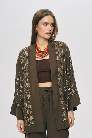 Kadın Zarif Işıltı Önü Payet ve Boncuk İşlemeli Kimono