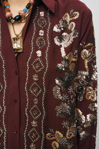 Kadın Etnik Işıltı Pul ve Boncuk İşlemeli Lüks Liyosel Oversize Gömlek