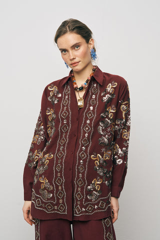 Kadın Etnik Işıltı Pul ve Boncuk İşlemeli Lüks Liyosel Oversize Gömlek
