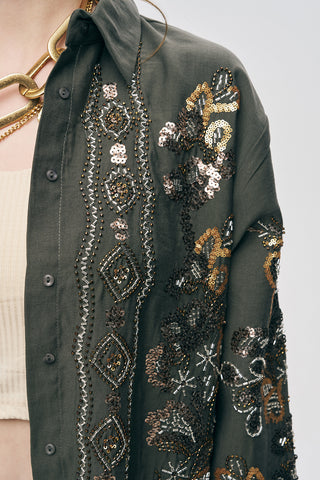 Kadın Etnik Işıltı Pul ve Boncuk İşlemeli Lüks Liyosel Oversize Gömlek