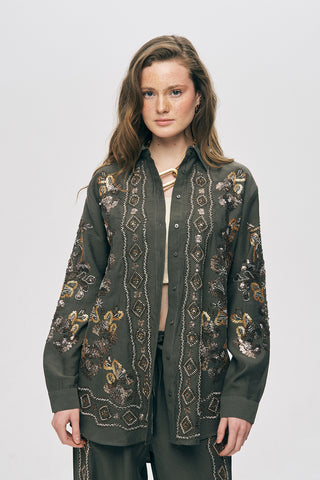 Kadın Etnik Işıltı Pul ve Boncuk İşlemeli Lüks Liyosel Oversize Gömlek