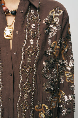 Kadın Etnik Işıltı Pul ve Boncuk İşlemeli Lüks Liyosel Oversize Gömlek