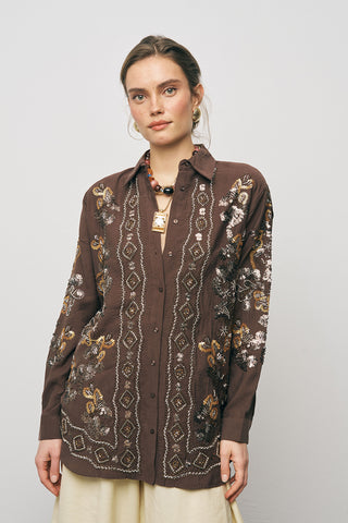 Kadın Etnik Işıltı Pul ve Boncuk İşlemeli Lüks Liyosel Oversize Gömlek