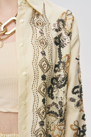 Kadın Etnik Işıltı Pul ve Boncuk İşlemeli Lüks Liyosel Oversize Gömlek