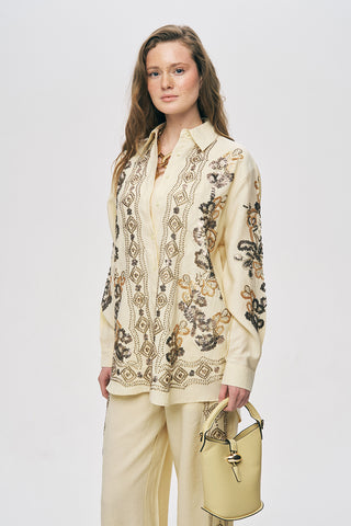 Kadın Etnik Işıltı Pul ve Boncuk İşlemeli Lüks Liyosel Oversize Gömlek