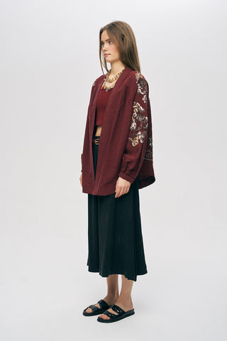 Kadın Etnik Işıltı Boncuk ve Nakış İşlemeli Lüks Liyosel Oversize Kimono