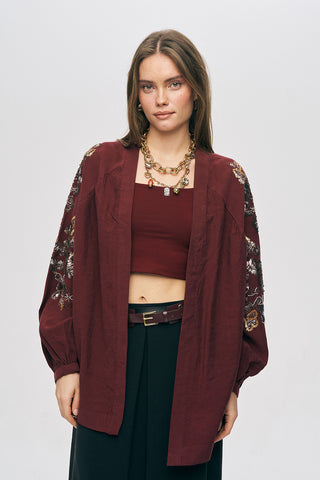 Kadın Etnik Işıltı Boncuk ve Nakış İşlemeli Lüks Liyosel Oversize Kimono