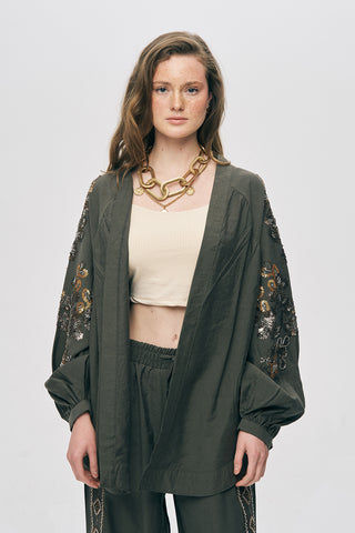 Kadın Etnik Işıltı Boncuk ve Nakış İşlemeli Lüks Liyosel Oversize Kimono