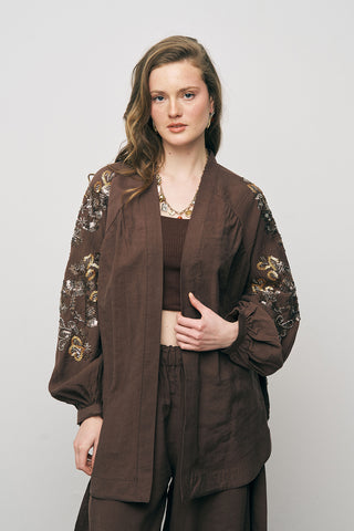 Kadın Etnik Işıltı Boncuk ve Nakış İşlemeli Lüks Liyosel Oversize Kimono