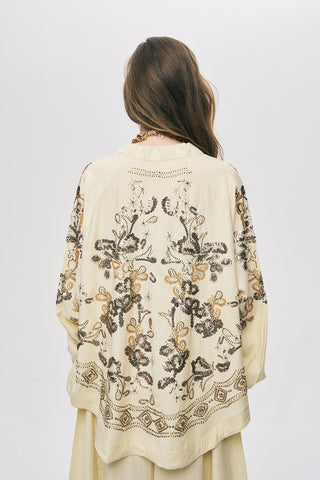 Kadın Etnik Işıltı Boncuk ve Nakış İşlemeli Lüks Liyosel Oversize Kimono