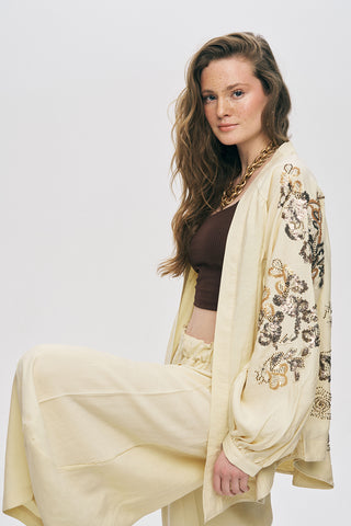 Kadın Etnik Işıltı Boncuk ve Nakış İşlemeli Lüks Liyosel Oversize Kimono