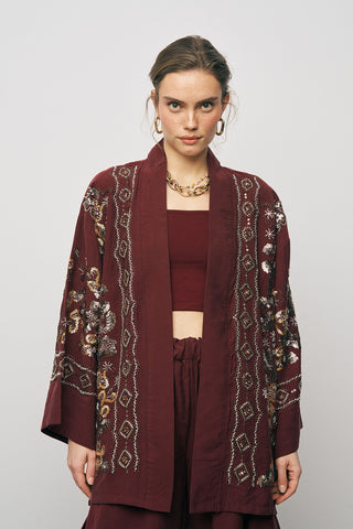 Kadın Etnik Işıltı Nakışlı ve Payet İşlemeli Lüks Liyosel Kimono