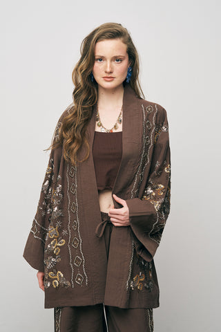 Kadın Etnik Işıltı Nakışlı ve Payet İşlemeli Lüks Liyosel Kimono