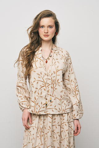 Kadın Botanical Line Nakış İşlemeli Balon Kol Bohem Bluz