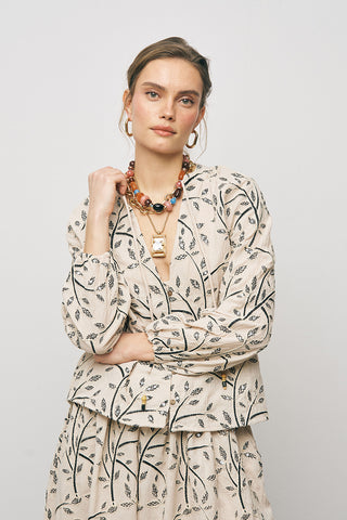 Kadın Botanical Line Nakış İşlemeli Balon Kol Bohem Bluz