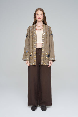 Kadın İşlemeli Ve Pul Detaylı Kimono