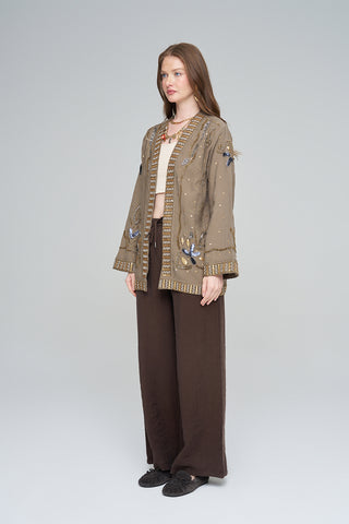 Kadın İşlemeli Ve Pul Detaylı Kimono