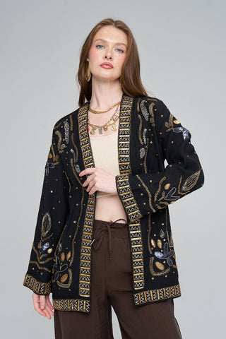 Kadın İşlemeli Ve Pul Detaylı Kimono