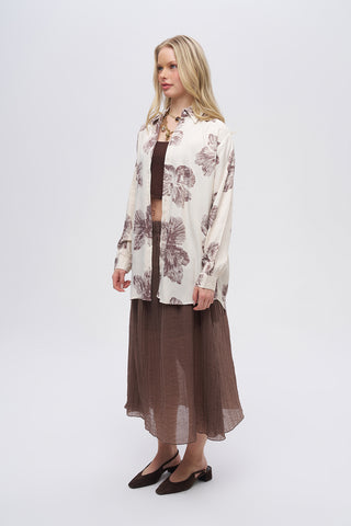 Kadın Krem - Kahve Çiçek Desenli Rahat Oversize Kesim Gömlek