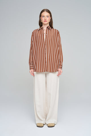 Kadın Çizgili Kahverengi Modern Oversize Gömlek