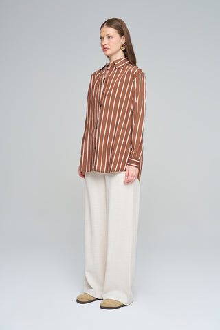 Kadın Çizgili Kahverengi Modern Oversize Gömlek