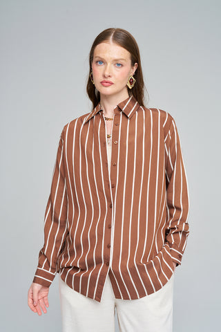 Kadın Çizgili Kahverengi Modern Oversize Gömlek