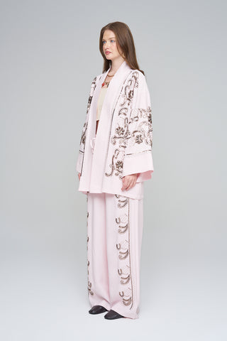 Kadın Pastel Renk Nakış İşlemeli Dökümlü Kimono