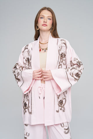 Kadın Pastel Renk Nakış İşlemeli Dökümlü Kimono
