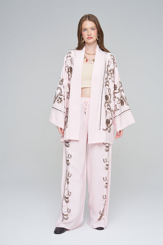 Kadın Pastel Renk Nakış İşlemeli Dökümlü Kimono