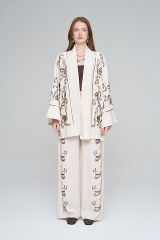 Kadın Pastel Renk Nakış İşlemeli Dökümlü Kimono
